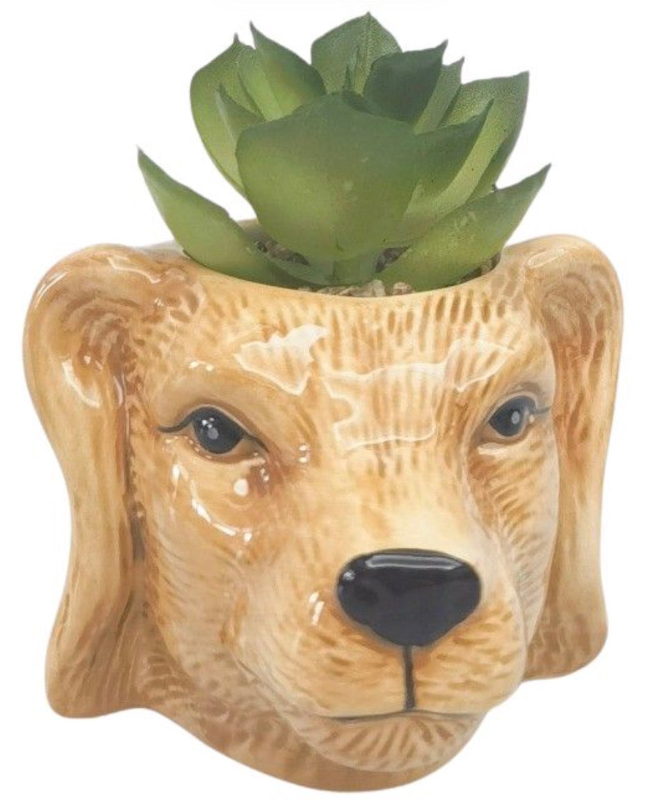 Mini Dog Planter with Plant Tan