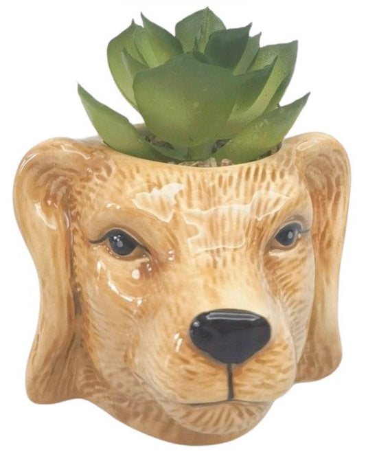 Mini Dog Planter with Plant Tan