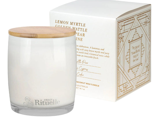 Lemon Myrtle, Golden Wattle, Poached Pear, Cypress pine scented Soy Candle 400gm