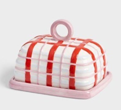 Butter dish plaid pink