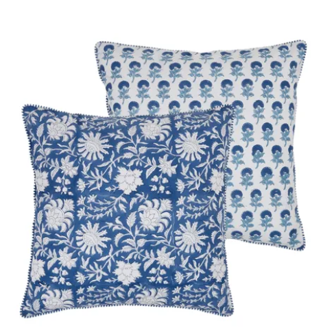 Prisha Cotton Block Cushion 50x50cm Blue